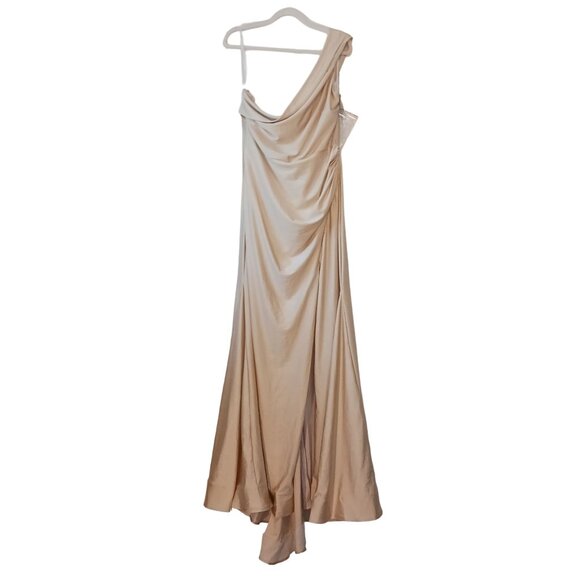 NWT, Cynthia & Sahar XL Luz, One-Shoulder Stretch Satin Mermaid Dress, Champagne - Picture 5 of 13